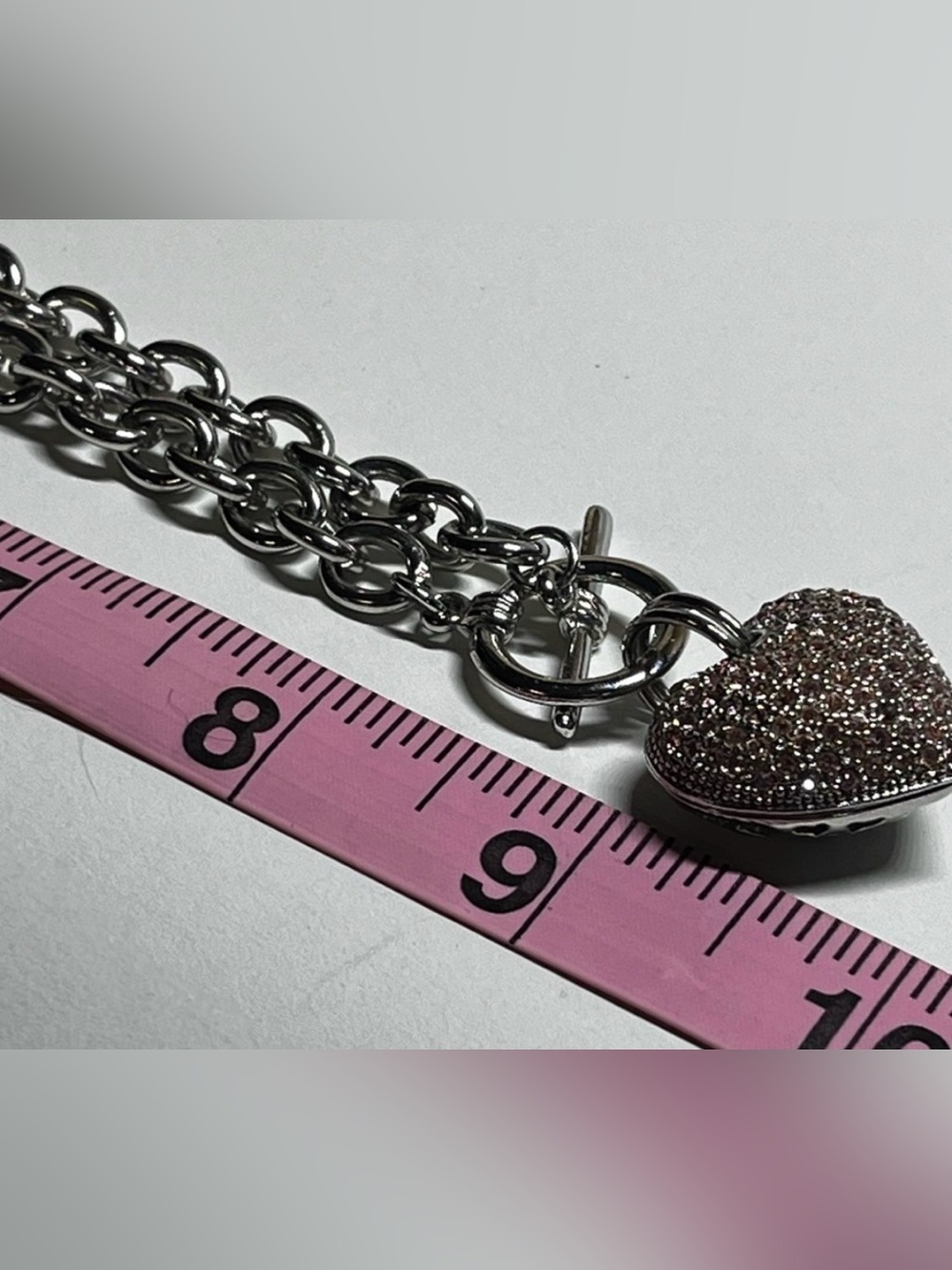 Silver Chain Necklace with Pink Pave Heart Pendant - Picture 4 of 5